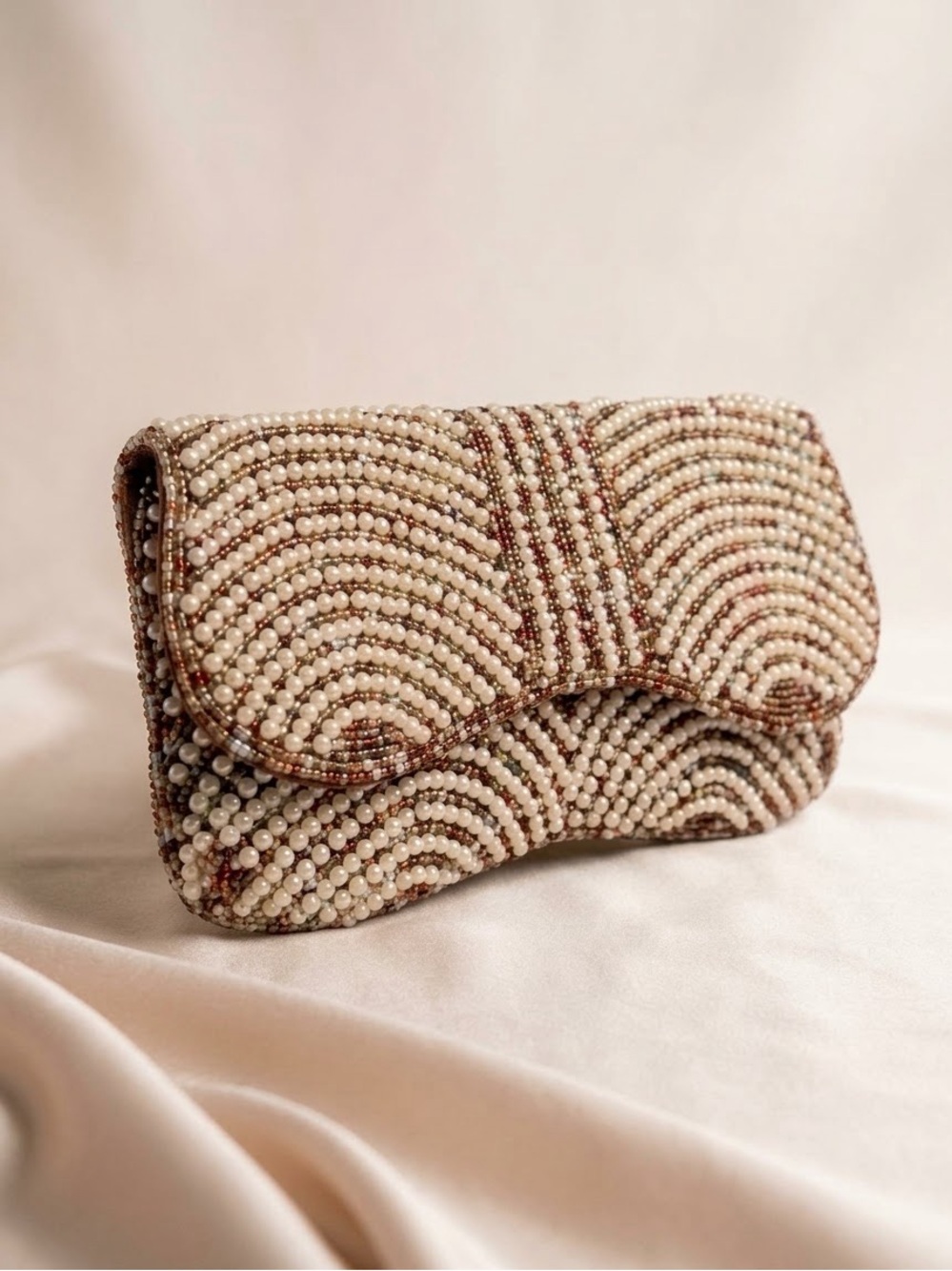 Vintage Pearl Beaded Evening Clutch Bag Wave Pattern Burgundy Cream